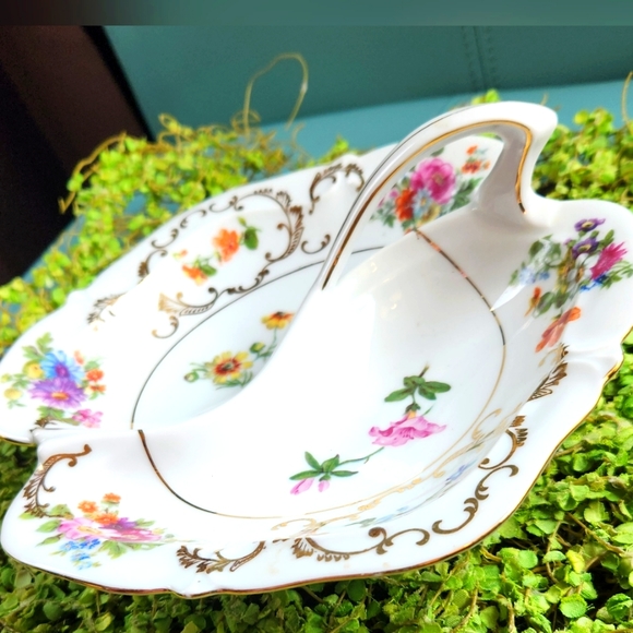 VICTORIA 50s Rare #222 Pink Roses Czech Multi Floral Relish Candy w Handle Dish - Picture 5 of 12